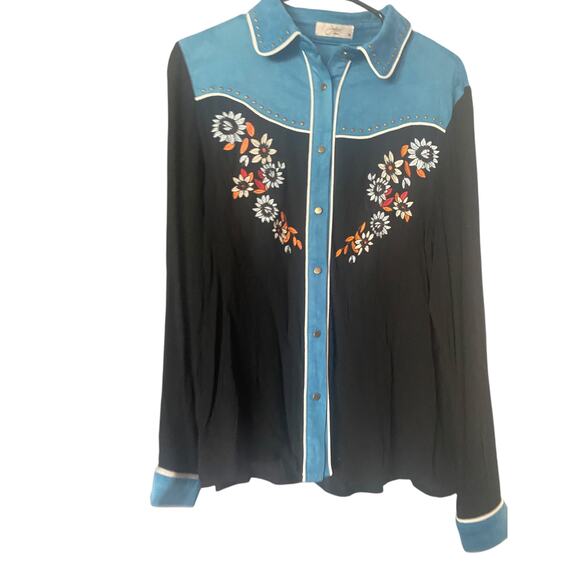 Vintage-Inspired John Moon Western Shirt M - Embroidered Floral Fringe Rodeo - Picture 2 of 10